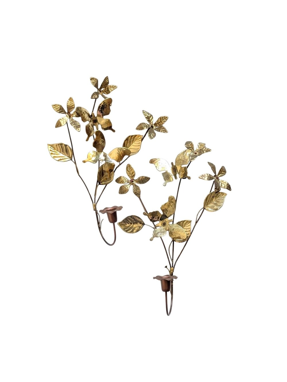 Vintage Brass & Copper Candle Wall Sconces with Flowers and Butterflies